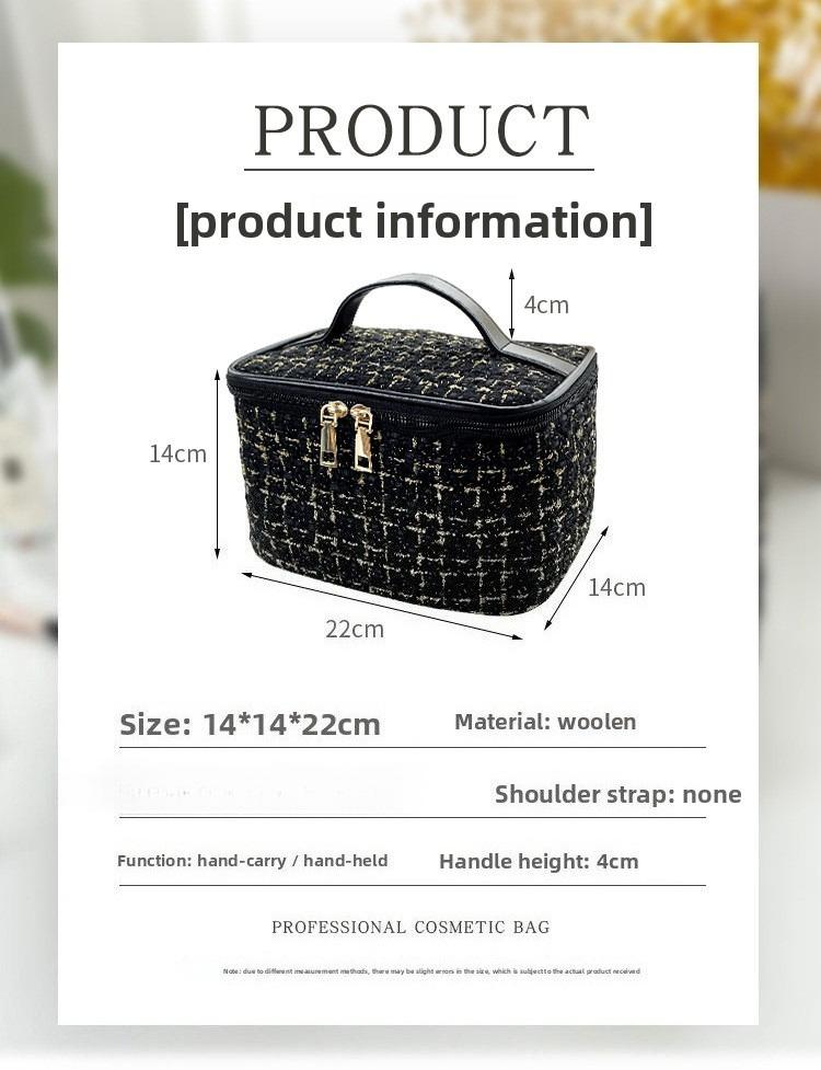 Chic Tweed Cosmetic Makeup Bag Large Capacity Handbag Travel Toiletry Organizer Portable Pouch For Women