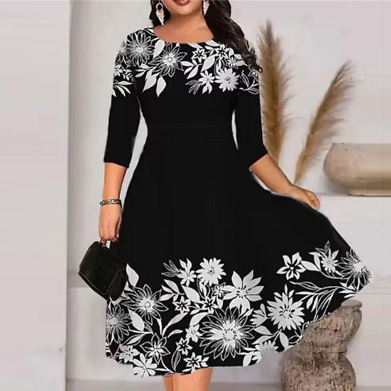 Summer O-neck 45720 Sleeve Midi Dress Butterflies Flower Printing Waist Tight Loose