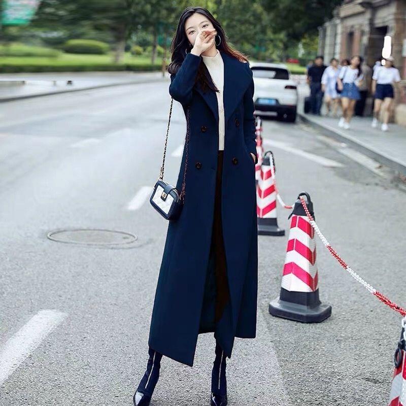 

Новое утепленное теплое пальто на осень и зиму, длинное шерстяное пальто, тонкое и приталенное шерстяное пальто S тёмно-синий