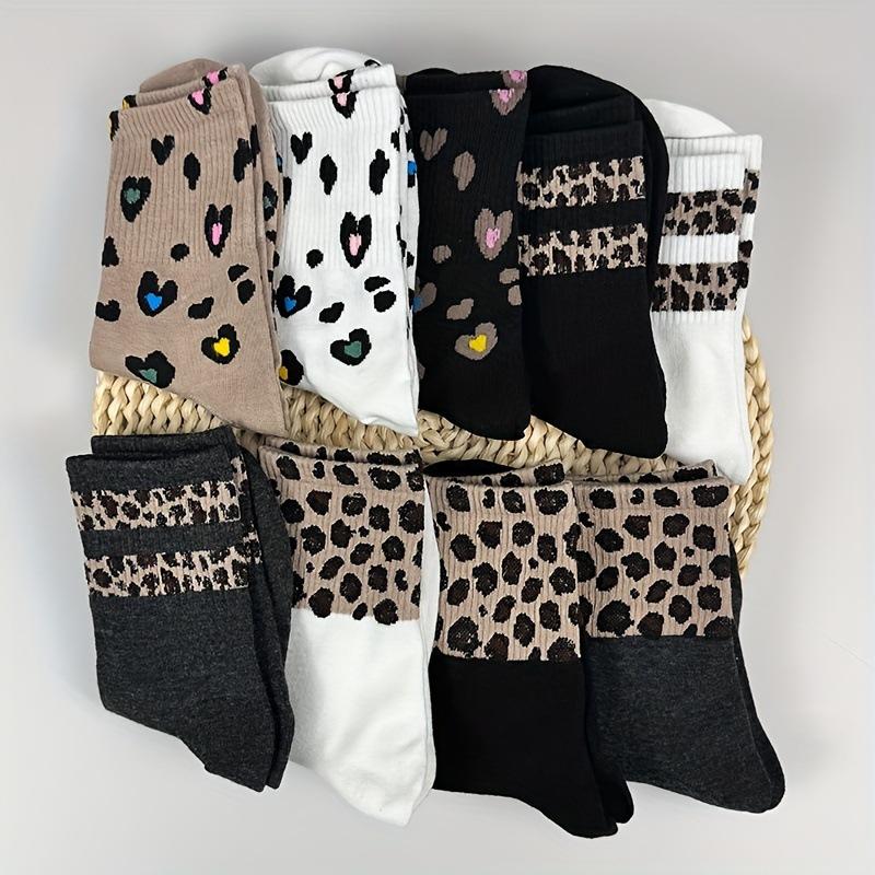 3 par damstrumpor för höst- och vintermode, trendiga randiga leopardmönstrade söta kärleksfulla tubstrumpor