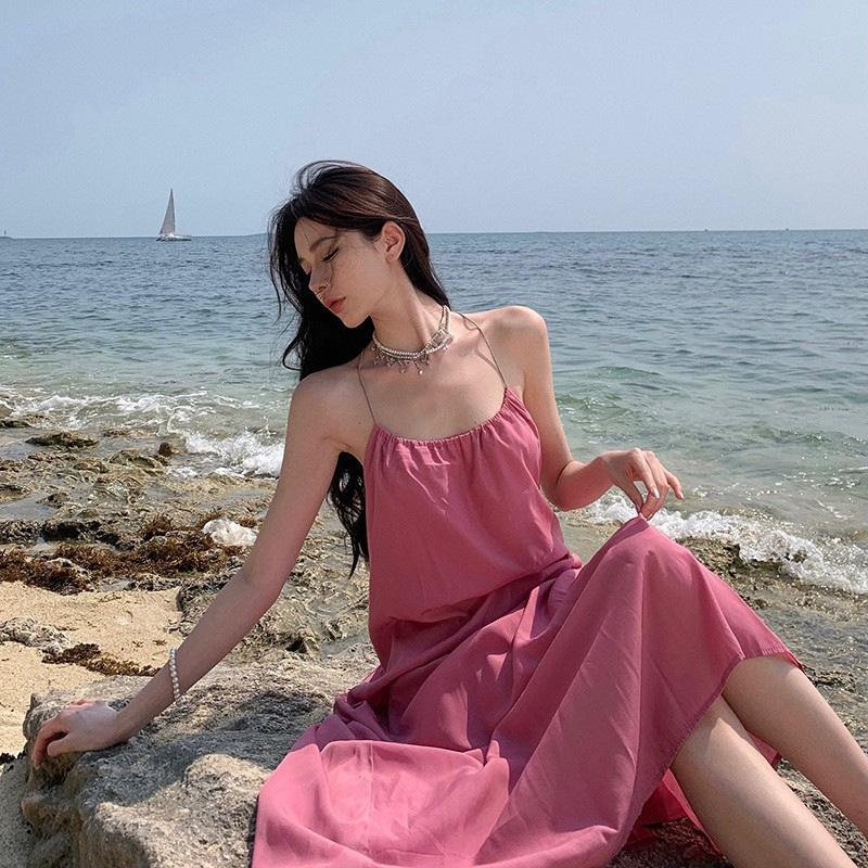 Rosa rückenfreies Neckholder-Kleid Damen Sommer Teepause Schön Sexy Urlaubsstrandkleid