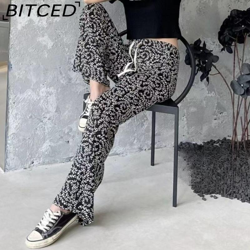 BITCED Vintage-Style Wide-Leg Trousers for Women Spring/Autumn Striped Tie-Dye High-Waisted Straight-Leg Casual Trousers with Drape