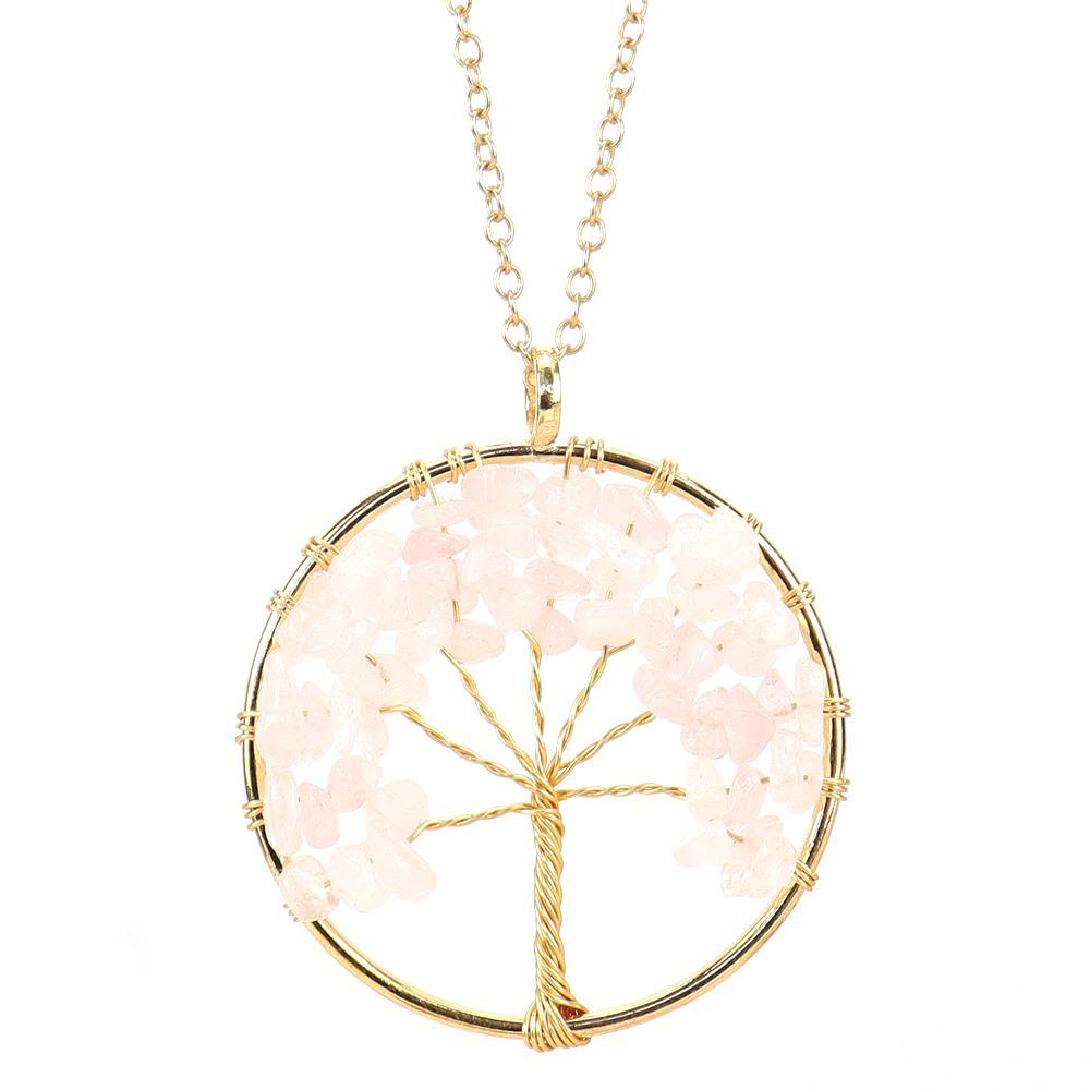 Color Retaining Gold Hand Winding Natural Crystal Gravel Tree Of Life Necklace N104