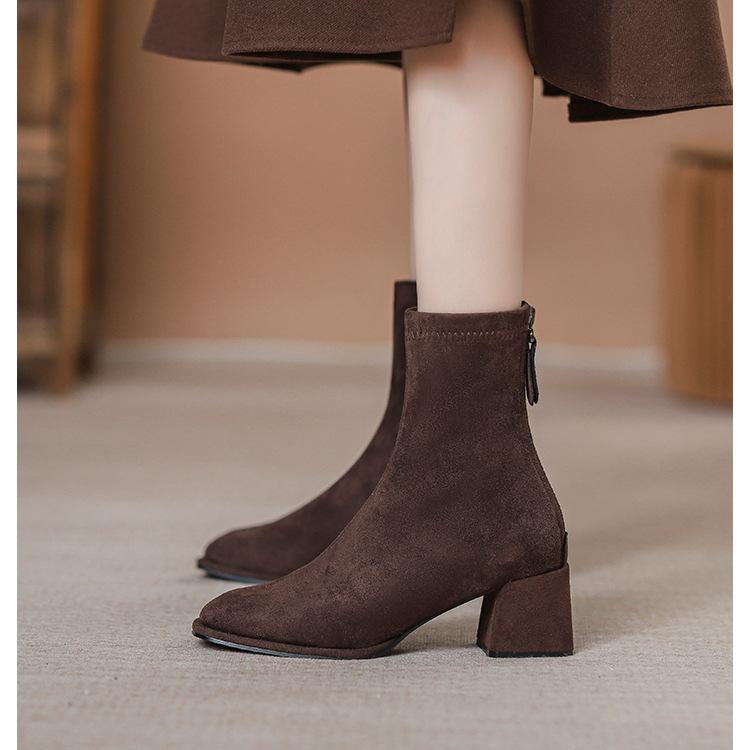 Versatile temperament French suede high-heeled short boots women's new thick-heeled square-head elastic thin boots in autumn and winter 2025