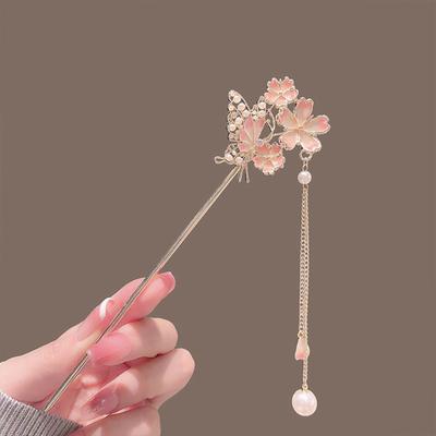 Pink Flower Butterfly Hair Pin Pearls Hair Sticks Forks Gold Color Alloy Headpiece Women Girls Hanfu Dress Chinese Hair Jewelry