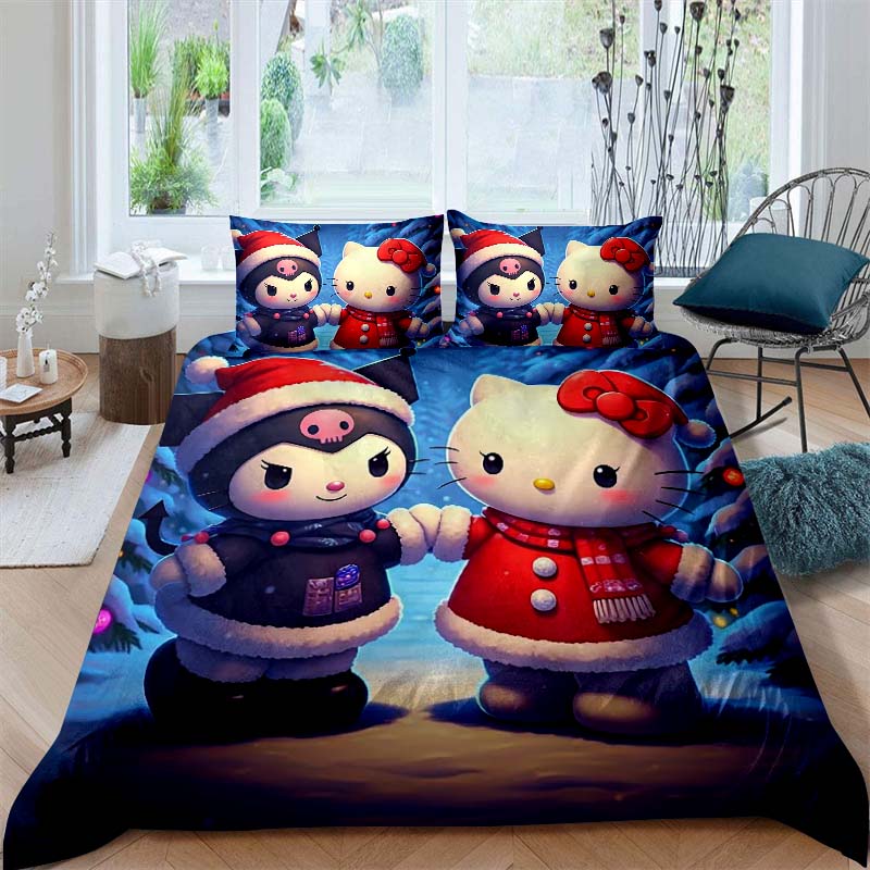 3D Printed Kuromi Cartoon Three-piece Bedding Set, Duvet Cover Set, Includes Pillowcases, No Filling.