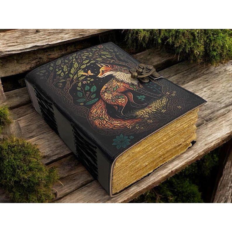Large Leather Grimoire Journal | Fox Print Spell Book | Blank Book of Shadows | Handmade Leather Journal | Witchcraft Gifts for Him