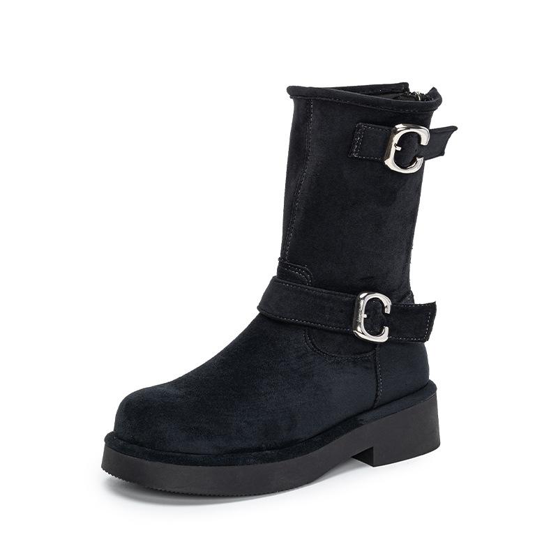 New retro locomotive buckle with round head thick sole heightening medium tube short boots for women in autumn and winter