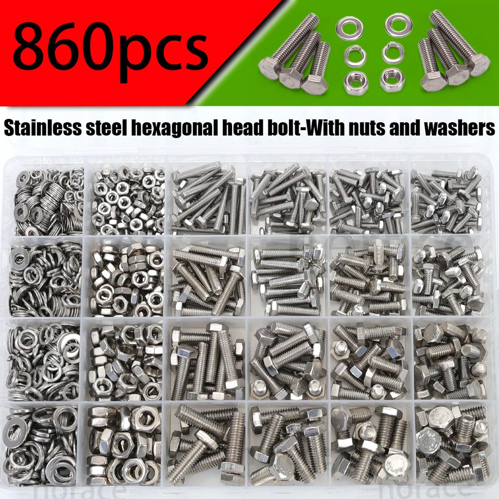860pcs Stainless Steel Hex Head Bolt Assortment Kit w/Nuts+Washers+Springs - M3-M6 DIN933 Grade 8.8/10.9, A2/A4 Marine Grade