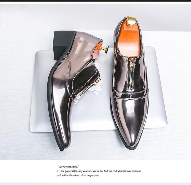 Men's Cross-Border Shiny Leather Dress Shoes - Pointed, Chunky Heel, Height Increasing, Zippered for Spring & Autumn