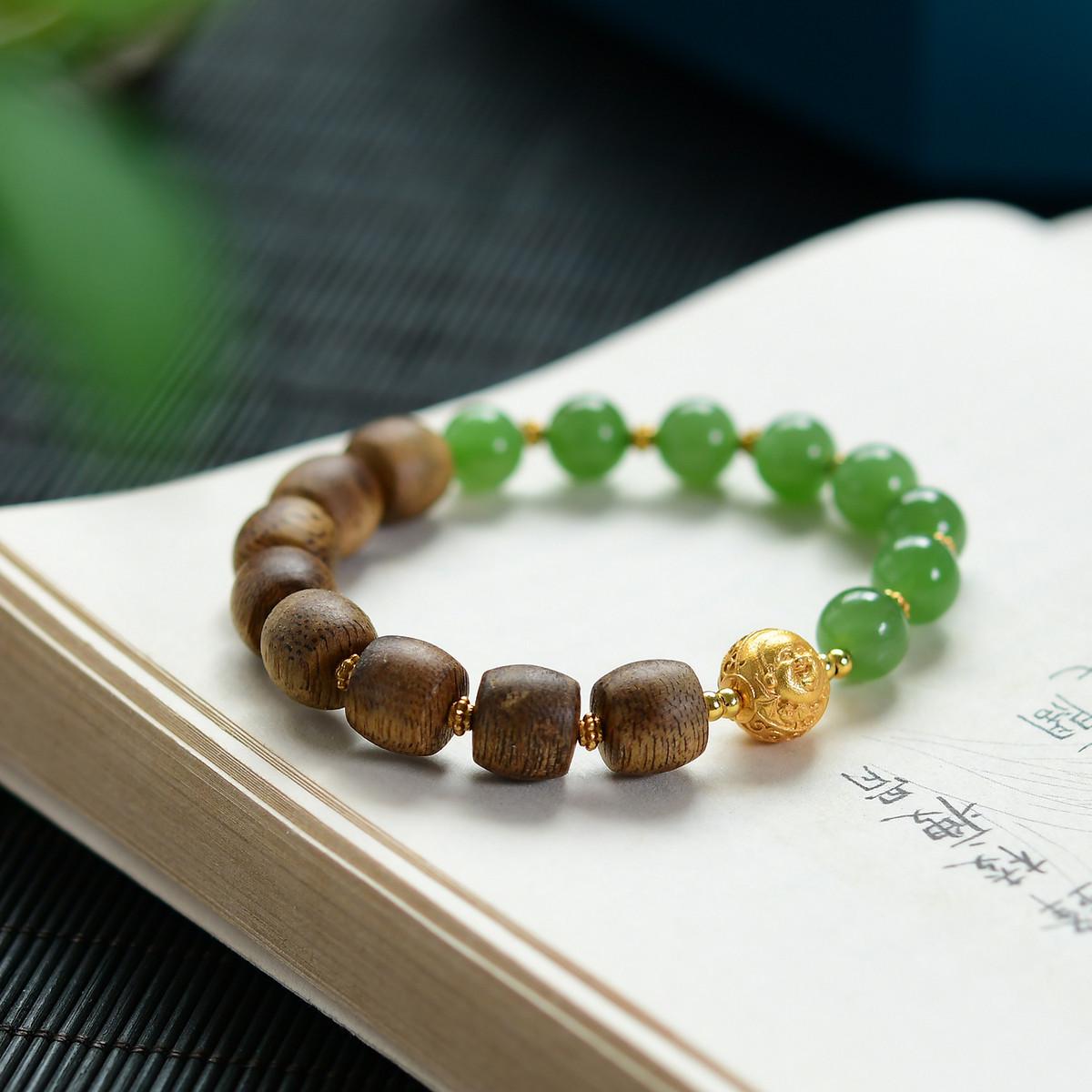 

Hetian Green Jade & Sandalwood Beaded Bracelet with 925 Silver God of Wealth Charm 8/9mm Beads