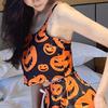 Sexy Nightwear Women Halloween Silk Pajamas Set Pumpkin Print Suspenders Loungewear Sleepwear Fancy Underwear Girl Home Wear