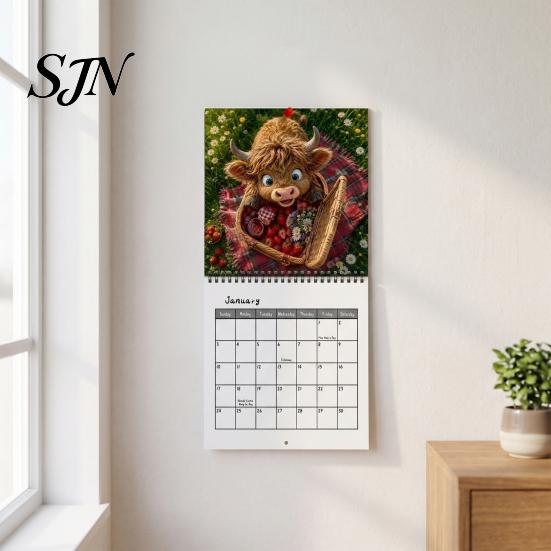 Functional Note Taking Planner 2027 Highland Cow Wall Calendar, 12-Month Adventure Themed with Spiral Yearly Goal Setting Journal Binding, Thick Paper
