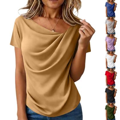 Women’s Short Sleeve Drape Neck Top Soft Lightweight Fabric Relaxed Fit Casual Blouse for Daily Wear Office Outings