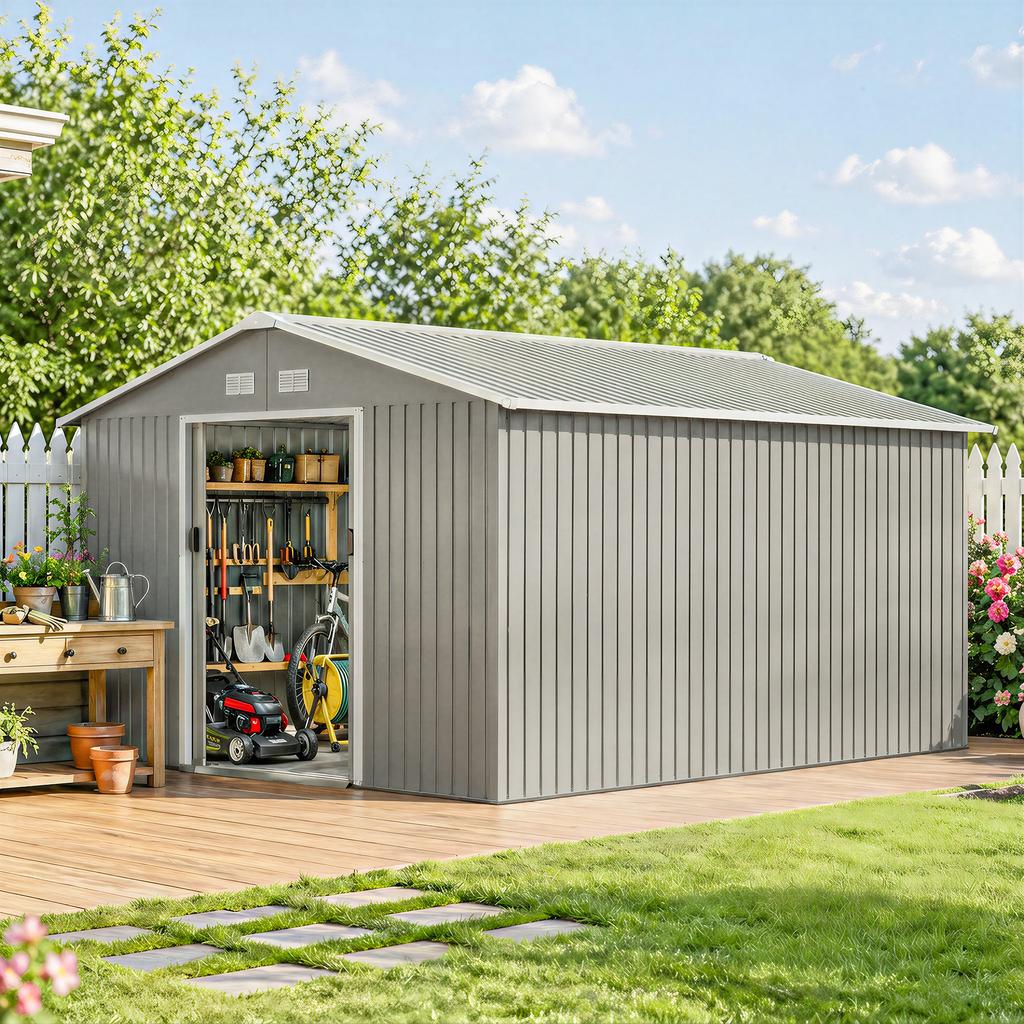 13 x 11 pés Galpão de Armazenamento de Metal para Jardim Galpão de Armazenamento Externo com Kit de Fundação Ventilação e Portas, Cinza Claro