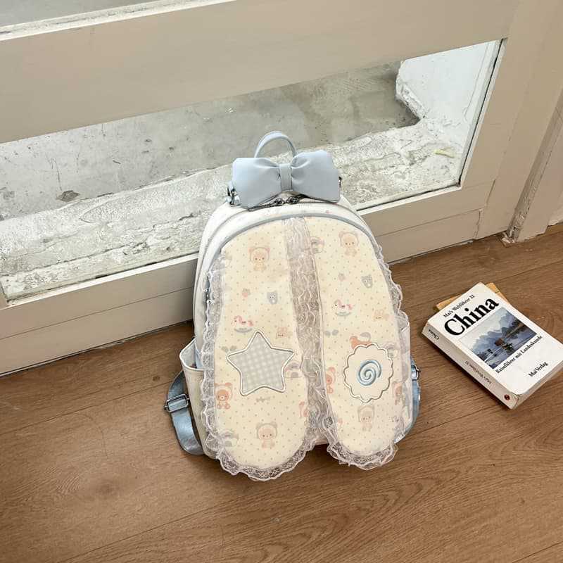 Schoolbag Cream Powder Floral Melody Backpack Sweet Girl Lace Bow Student School Bag Large Capacity Girl Backpack