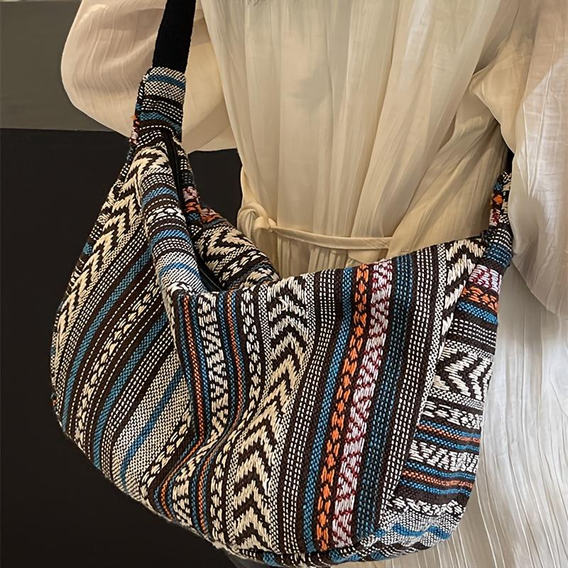 Tribal Style Shoulder Bag - Foldable, Crossbody, Zipper Closure, Striped Pattern, 1pc, Hand Washable