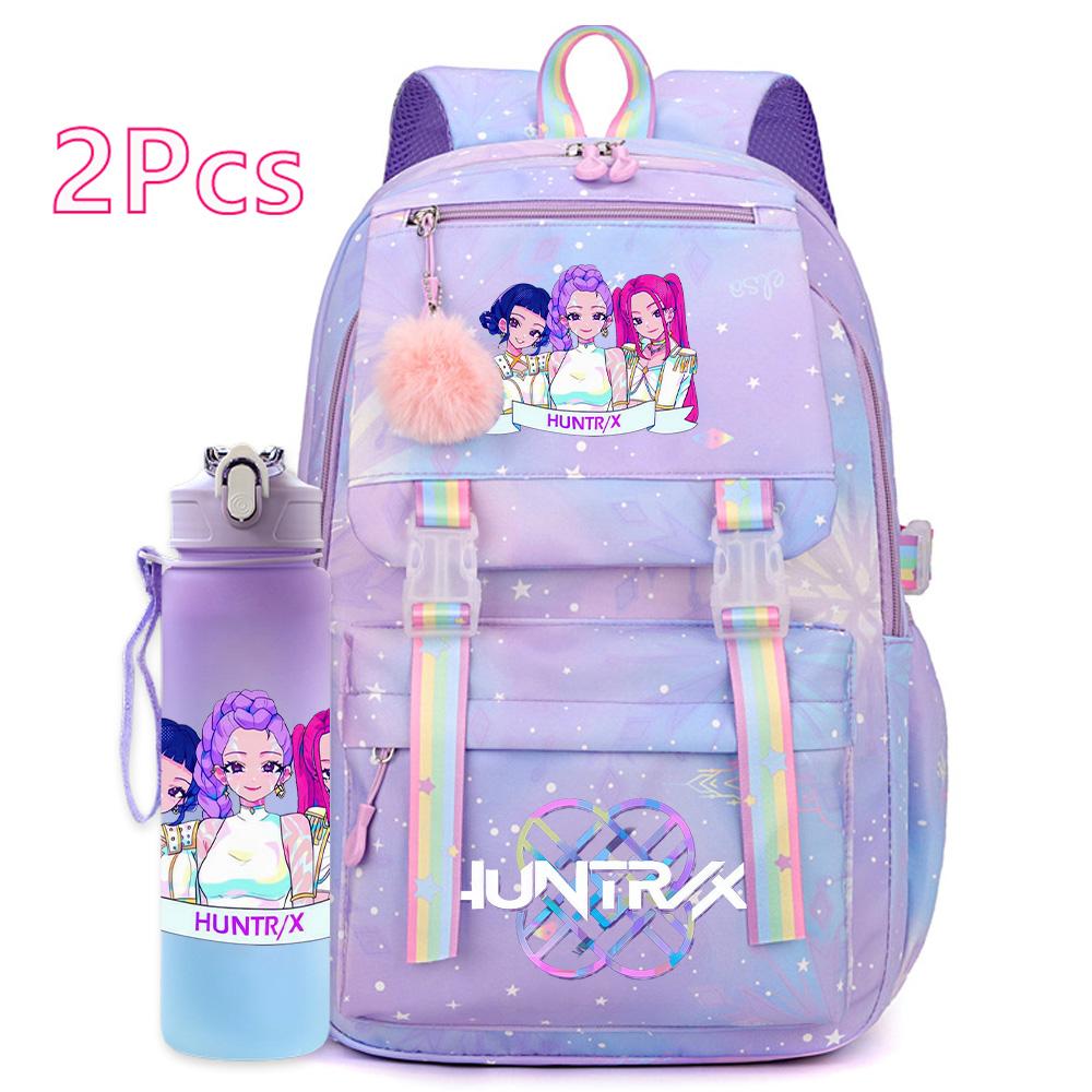 2 st/set Söt Anime Kpop Tryckt Ryggsäck 750 ml Vattenflaska Stor Kapacitet Resväska för Tonårsflicka Pojke Bokväska Barnpresent Rucksak