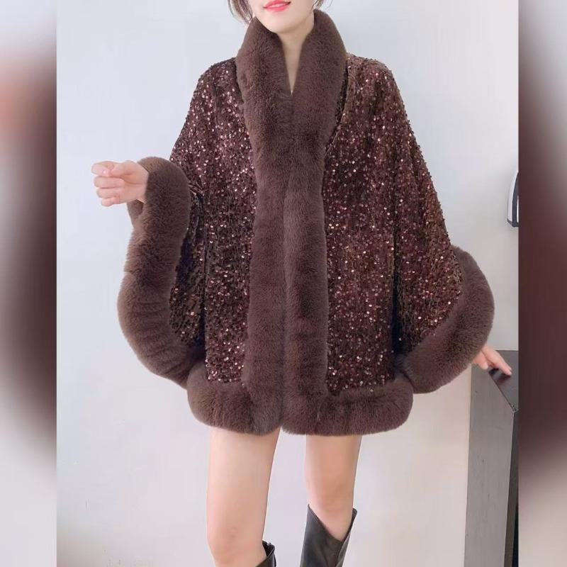 Autumn and Winter Plus Velvet Thickened Big Fur Collar Sequined Shawl Women's Fashion Short Cloak Top