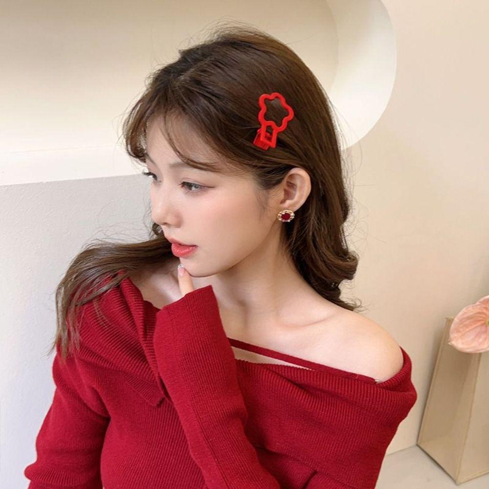 Red New Year's Red Hair Clip Chinese Style Matte Snap Hair Clips Red Rhinestone Hairpin  Girl