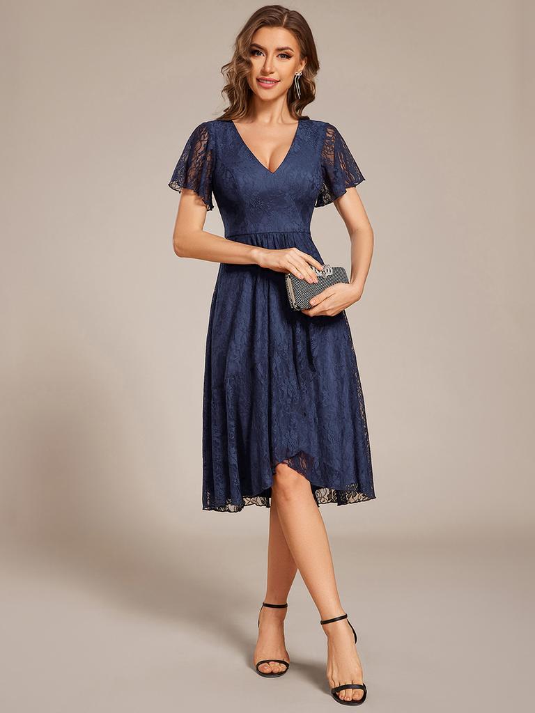 Ever-Pretty Women's V-Neck Short Sleeve Ruffled Lace Lotus Hemline Midi Wedding Guest Dress