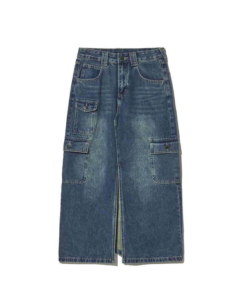 Viva Brown 85-Vivaj073 Cat Sand Washed Slit Pocket Long Denim Skirt Indigo