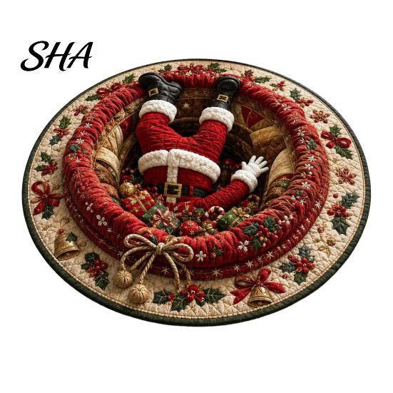 Soft Crystal Velvet Carpet Round Christmas 3D Rug, Optical Illusion Area Santa Claus Gnome Quilted-Like Comfortable Barefoot Floor Mat Anti-slip