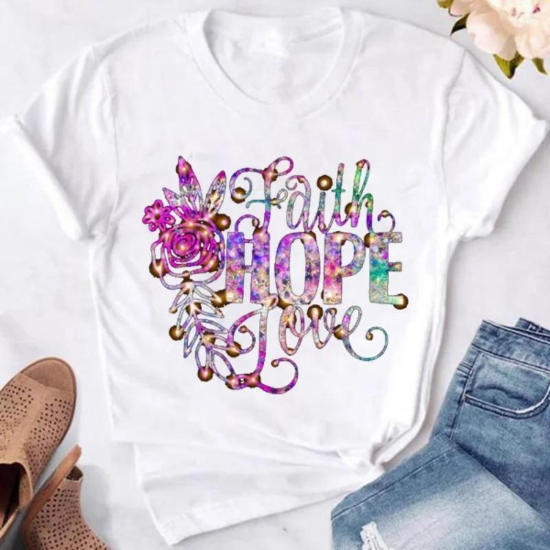 FAITH HOPE LOVE Purple Flower Print Women T Shirt Short Sleeve O Neck Loose Women Tshirt Ladies Tee Shirt Tops Camisetas Mujer