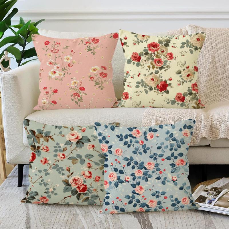 Spring Floral Linen Throw Pillow Cover for Sofa or Living Room