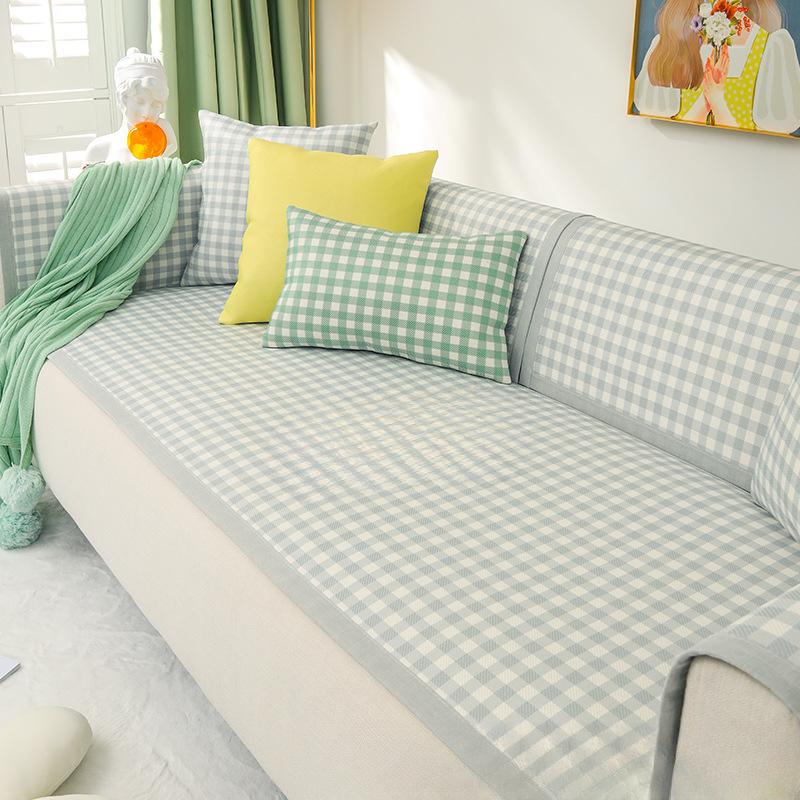 Pernă de canapea de vară anti-alunecare Mică pernă de șezut din mătase de gheață în carouri pentru vară, stil simplu de vară, prosop cu spătar proaspăt husă de canapea