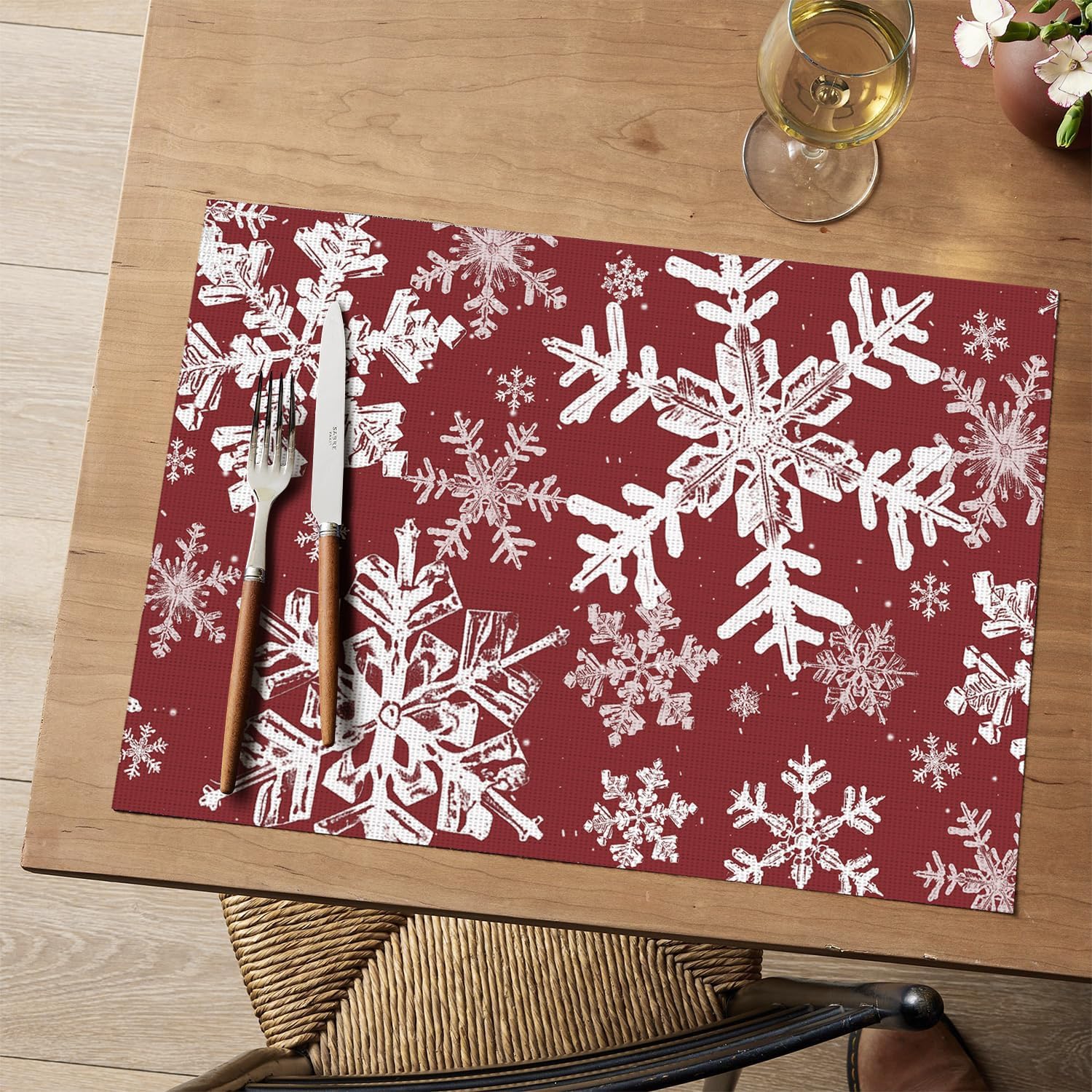 

Snowflakes Christmas Vinyl Placemats Set of 4, 12x18 Inch Washable Blue Winter Plastic Table Mats for Party Kitchen Dining Decor 12 x 18 , Rectangular 4 Pcs
