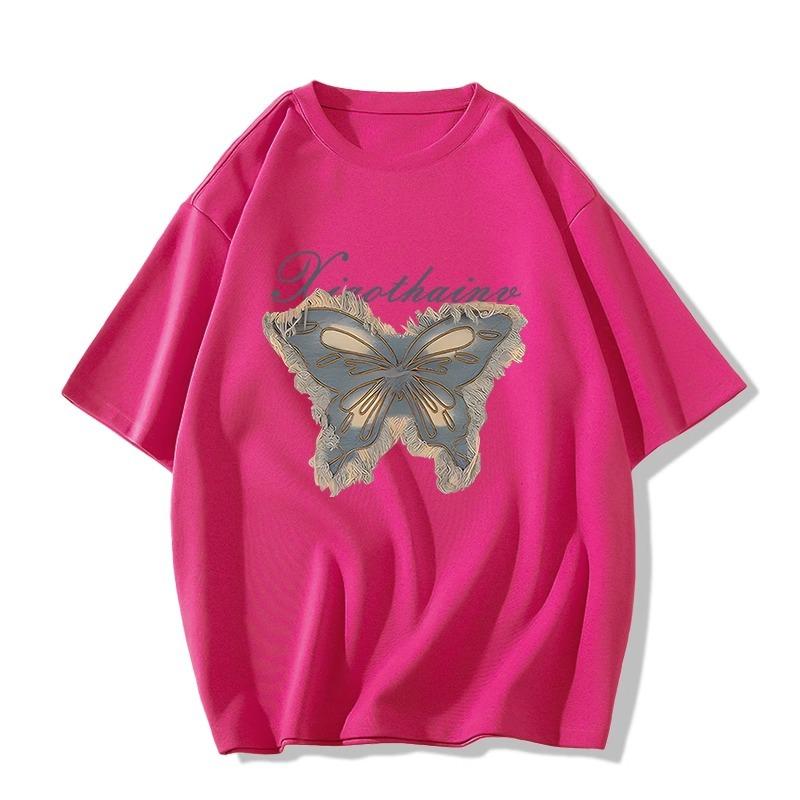grey cotton short-sleeved t-shirt women's summer new small butterfly print ins design sense niche loose top