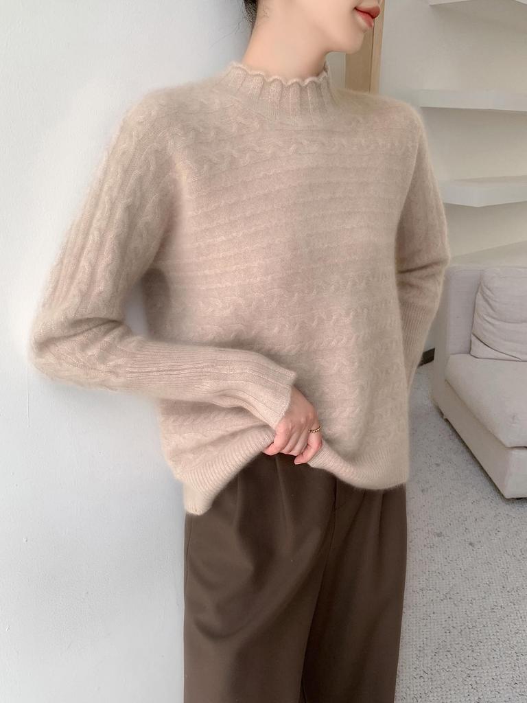 100% Pure Wool Half-High Collar Knit Sweater - Women's Autumn/Winter Soft Pullover, Thick Base Layer.