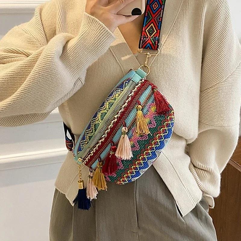 Marsupio Stile Etnico da Donna con Decorazioni a Frange Marsupio con Cintura Regolabile Colore Variopinto
