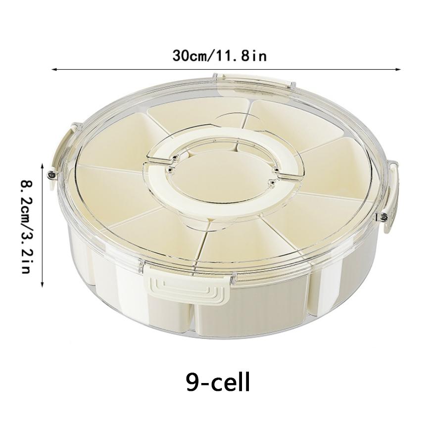 Round Snack Tray with Lid and Handle-Portable 9/6 Ccells Food Storage Box with 360 ° Swivel and Clear Window Cover for Travel