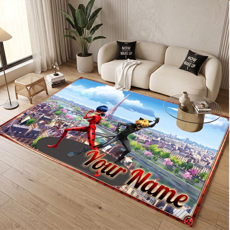 Custom Name Text Crystal Velvet Rug,Miraculous Ladybug Soft Plush Decorative Non Slip Floor Carpet