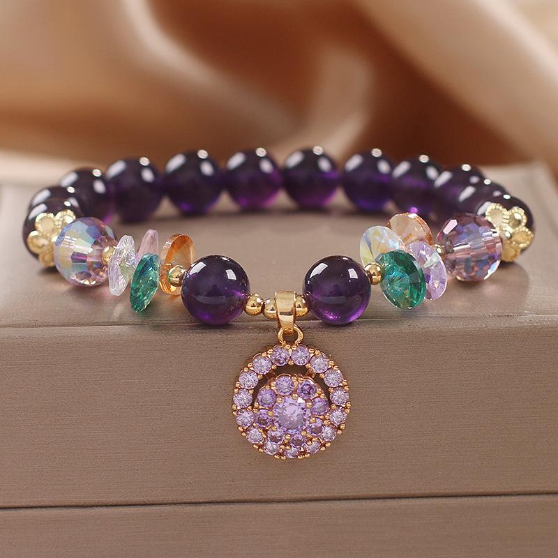 ZAKOL Japanese and Korean Fashion Purple Crystal Bracelet Leaves Flowers Stone Pendant Beaded Bracelets Women Girls Zircon Gift