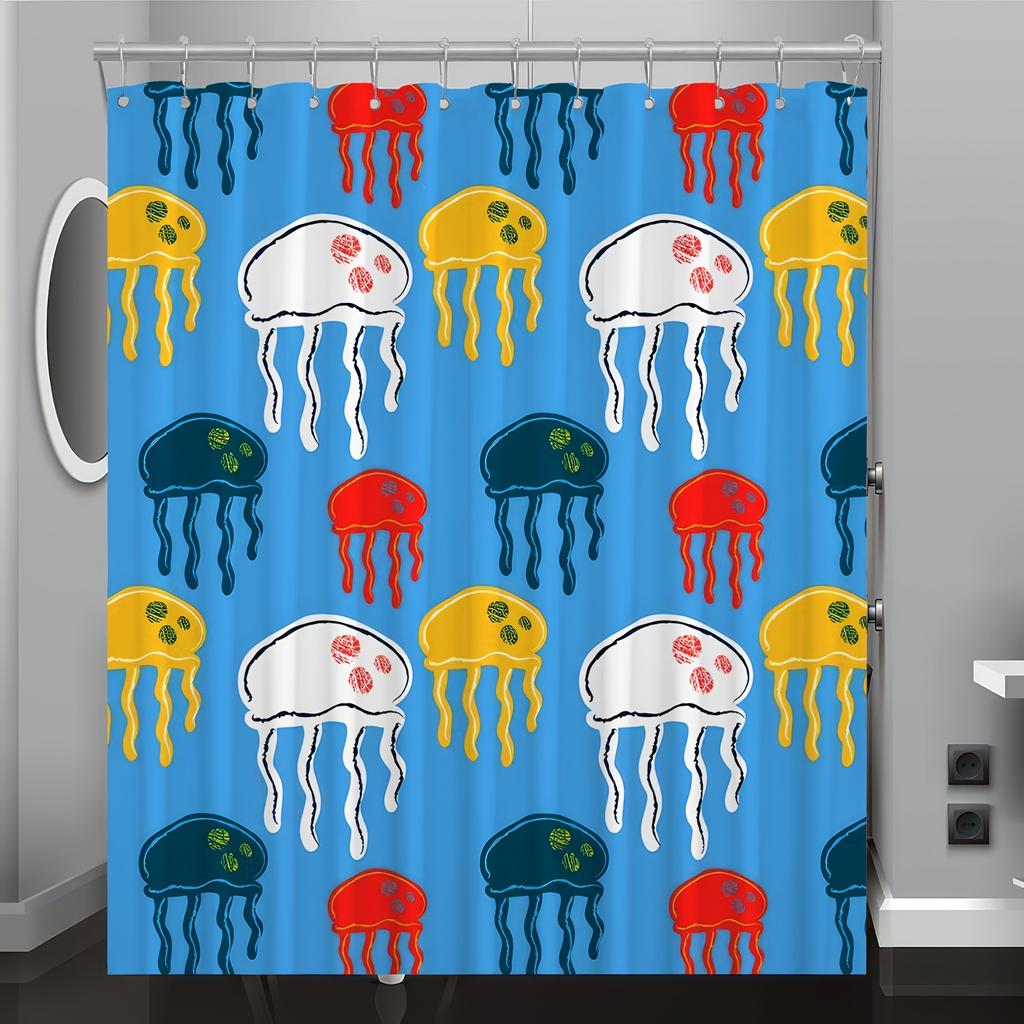 Jellyfish Cartoon Digital Print Shower Curtain, Machine Washable, Reversible Polyester, All-Season Bathroom Decor
