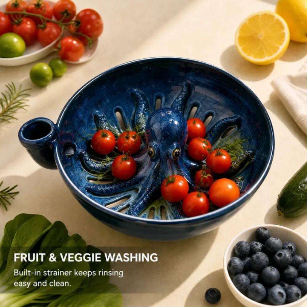 Octopus Automatic Berry Rinse Bowl Drainage Holes Resin Berry Spinner Colander Self Spinning 360° Vortex Fruit Washer Bowl