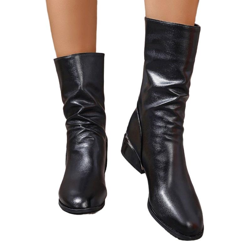 Fashion 2024 Spring and Autumn New Fashion Round Head Solid Color Leather Face Wearing High Heels Fashion Boots Single Boots for Women