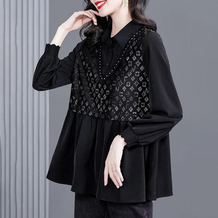 Women Plus Size 4XL Long Sleeve Tops Comfortable Splicing Shirt Autumn Black Female Tops