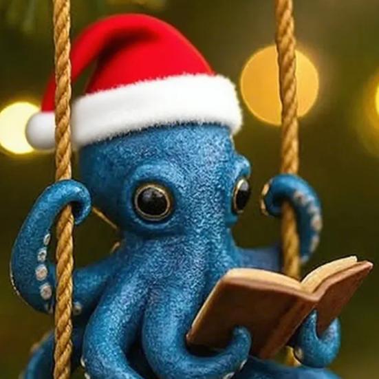 Blue Octopus Reading Christmas Ornament Festive Sea Creature Decorative Hanging Home Office Party Decor