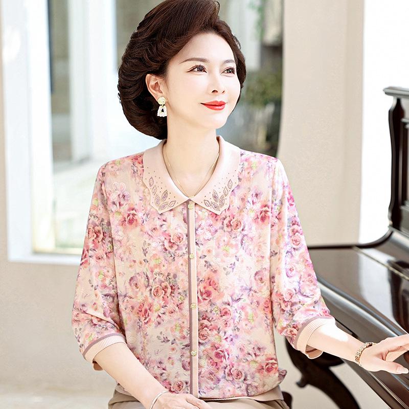 

2026 Elegant Summer Silk Blouse for Moms: Short-Sleeve Lapel Top for Middle-Aged & Senior Women 2XL (recommended 55-60 kg) красный