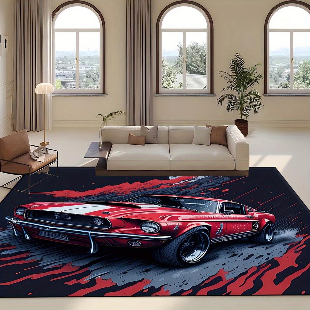 Oversized Red Car Design Area Rug - For Living Room, Bedroom, Office - Vintage Muscle Car Style Home Decor Mat