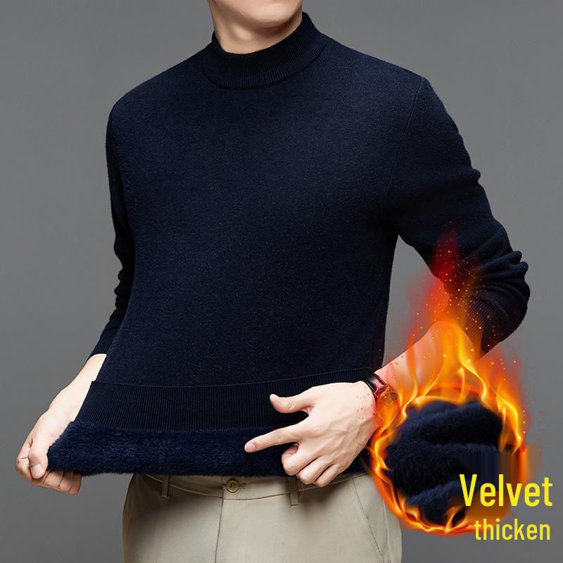 

2025 Men s Winter Plus Velvet Slim-fit Half-high Collar Knit Sweater XXXL темно-синього кольору