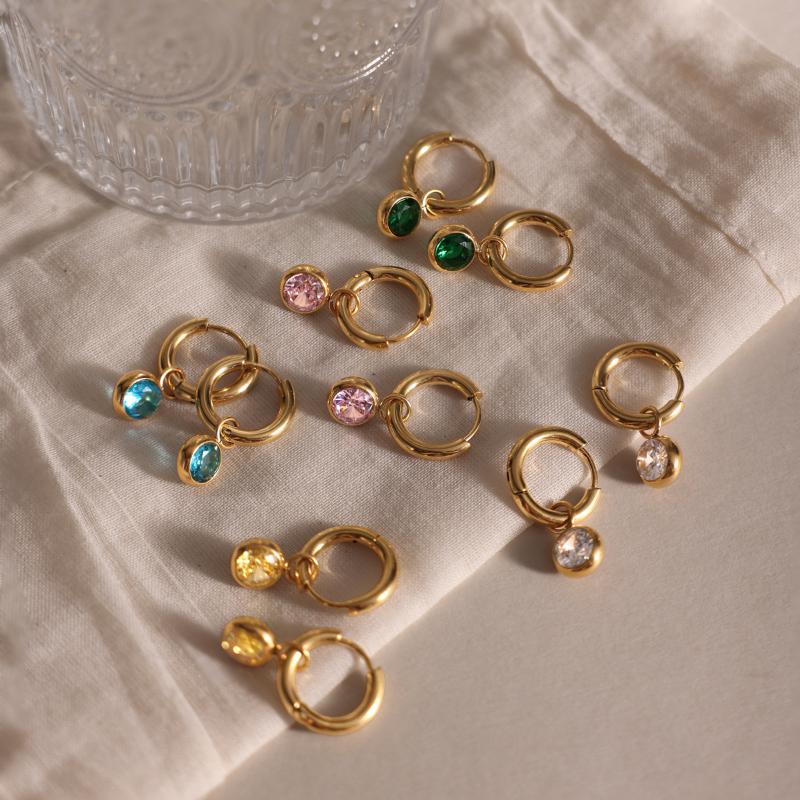 Gold PVD-beschichteter runder Zirkon-Hängeohrring für Damen Edelstahl Wasserdicht Hängende Ohrringe Schmuck Geschenke