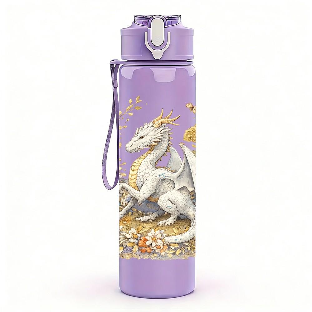 1PC White Gold Winged Dragon Print 750ml Color Plastic Sports Water Bottle Leakproof Flip Straw Lid Suitable for Sports Office Home Use