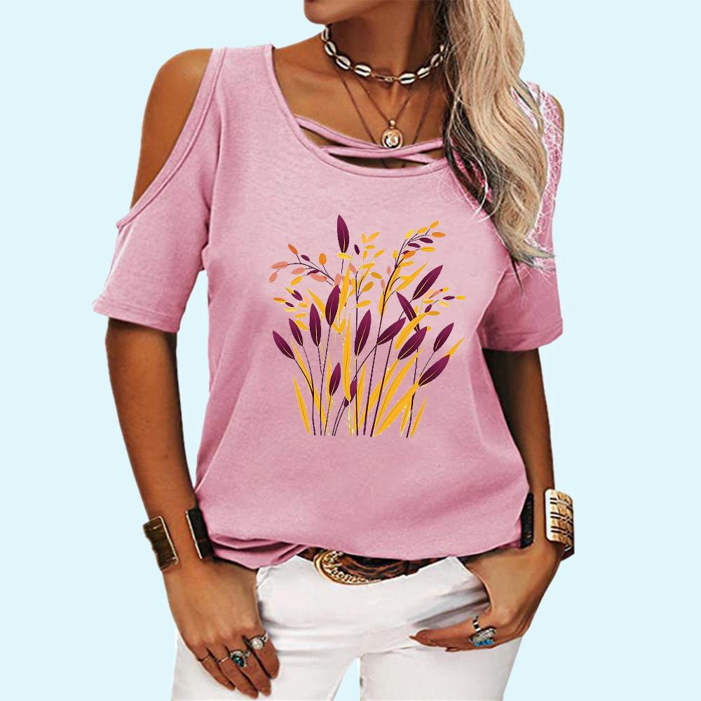 Women Fashion Round Collar Tee Shirt Summer Off Shoulder Short Sleeve Top Casual Floral Print T-shirt
