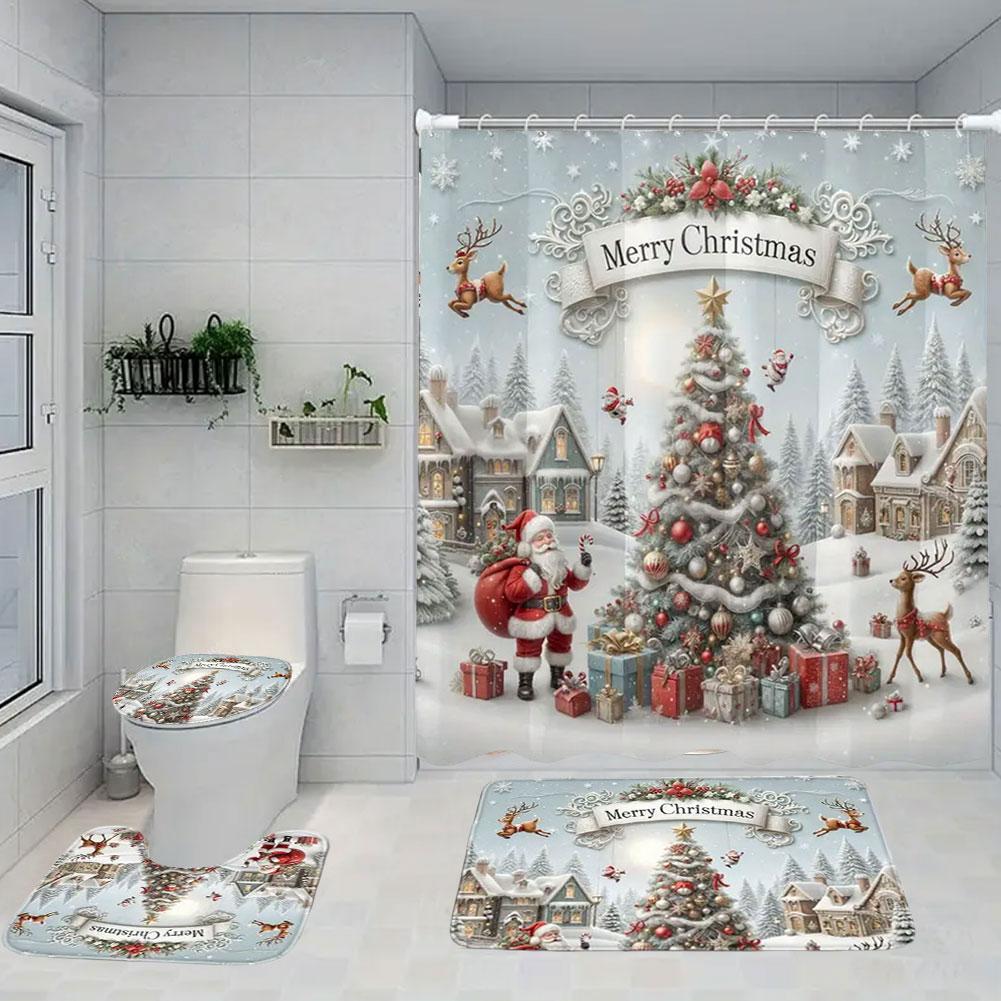 Christmas Shower Curtain Machine Washable Bathtub Curtain with Non-Slip Rugs Toilet Lid Cover and Bath Mat for Bathroom Decor