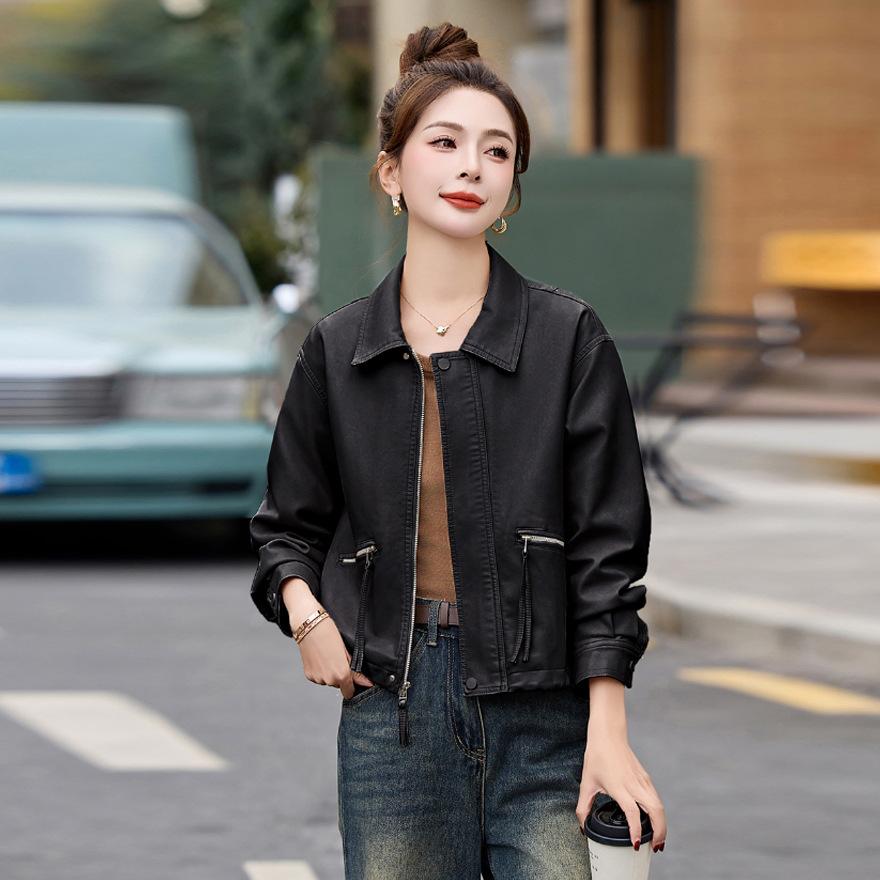 

Женская короткая кожаная куртка на весну и осень, новая, с лацканами, повседневная, универсальная, бейсбольная куртка, куртка-локомотив, кожаный топ XL чёрный